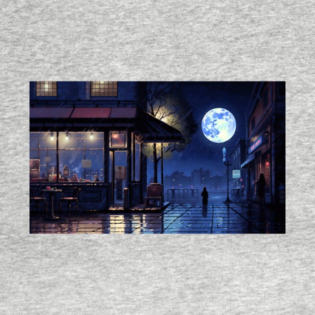 32-bit pixel art Blue Moon Cafe on Rainy Night by Saypan Arts